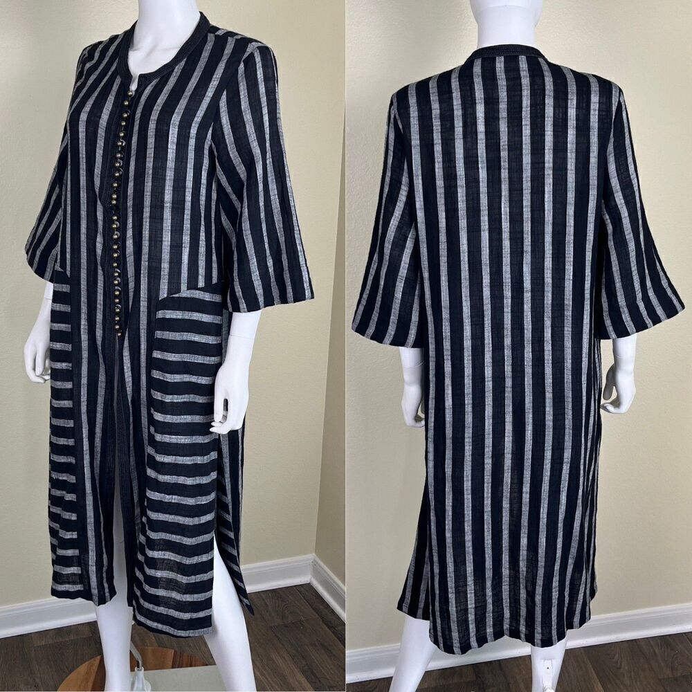 Soft Surroundings Women's Size M Black Strip Cotton Embroidered Tunic Kimono Top